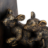 Close-up of Libra Interiors Rough Cast Mouse Bookends in antique gold, showing two sculpted resin mice leaning together with detailed fur and ears.