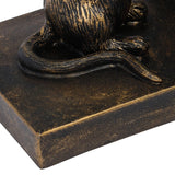 Close-up of Libra Interiors Rough Cast Mouse Bookend in antique gold, showing the sculpted tail and hind paw resting on the rectangular resin base.