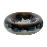 Libra Interiors Reactive Glaze Stoneware Bowl in blue with a low, rounded ceramic form and inky blue, brown and mottled grey glaze pooling across the surface.