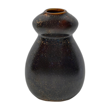 Libra Interiors Reactive Glaze Gourd Stoneware Vase in brown with gold speckling, bulbous body and narrowed neck, shown on a plain white background.