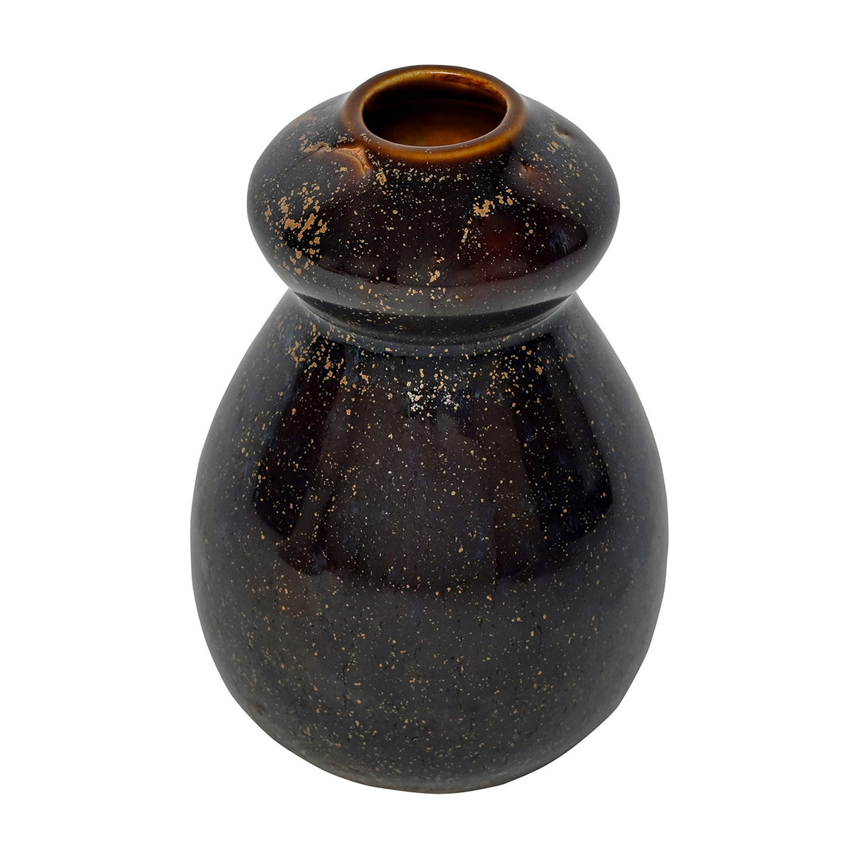 Libra Interiors Reactive Glaze Gourd Stoneware Vase in brown with gold speckling, showing its bulbous body and short rounded neck on a white background.