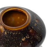 Close-up of Libra Interiors Reactive Glaze Gourd Stoneware Vase in brown, showing the short neck, open top and glossy gold-flecked speckled glaze.