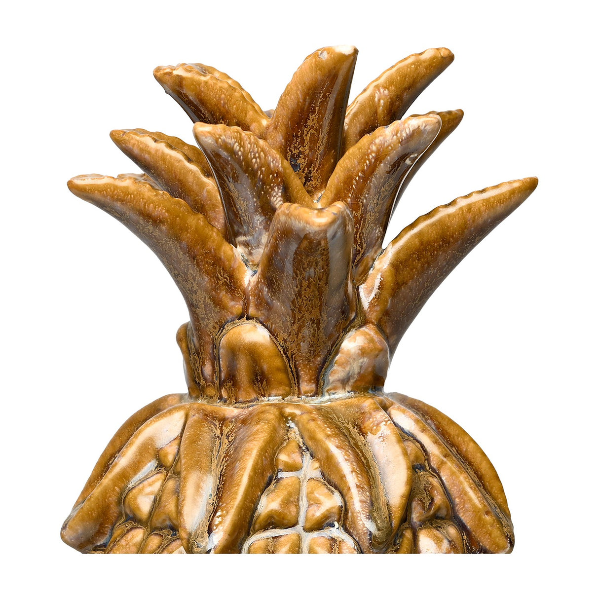 Libra Interiors glazed ceramic pineapple sculpture in brown and gold, close-up of the textured spiky crown and upper body on a white background.