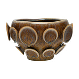 Libra Interiors Reactive Glaze Raised Circle stoneware planter in mottled brown, wide rounded form with sculptural raised discs, shown on a white background.
