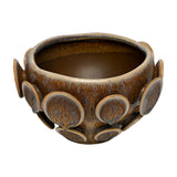 Libra Interiors Reactive Glaze Raised Circle stoneware planter in mottled brown, wide rounded body with raised disc motifs, shown on a white background.