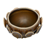 Libra Interiors Reactive Glaze Raised Circle stoneware planter in mottled brown, wide rounded bowl shape with raised disc motifs, on a white background.