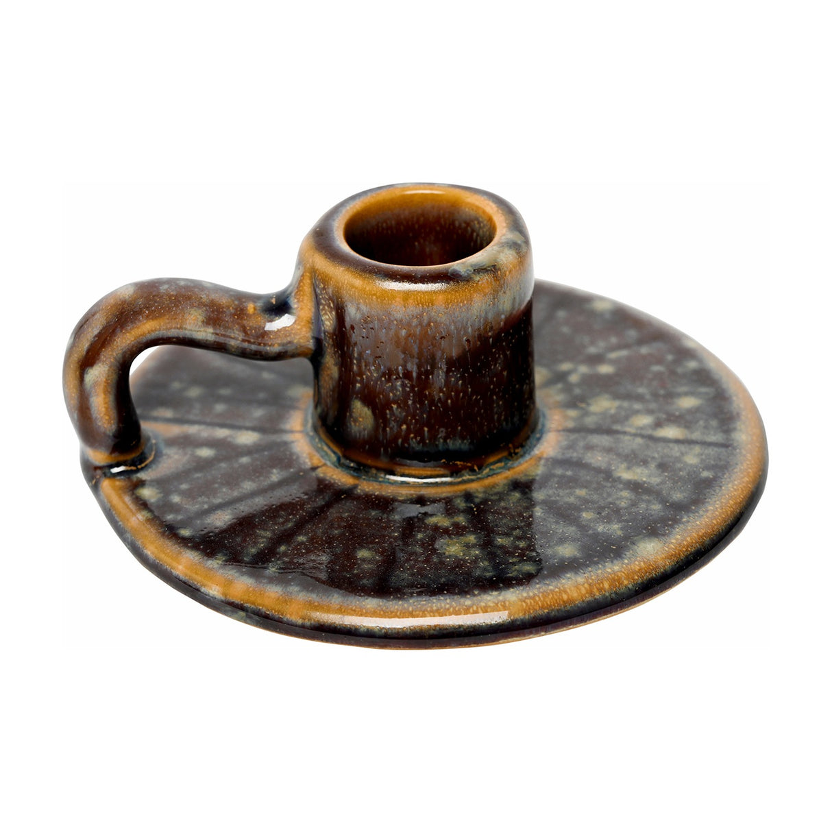 Glazed Ceramic Chamberstick Candle Holder – Brown