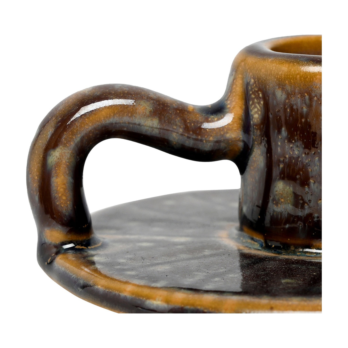 Glazed Ceramic Chamberstick Candle Holder – Brown