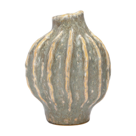 Libra Interiors Textured Reactive Glaze ceramic vase in cream with grey tones, ribbed sculptural body and narrow neck, shown on a plain white background.