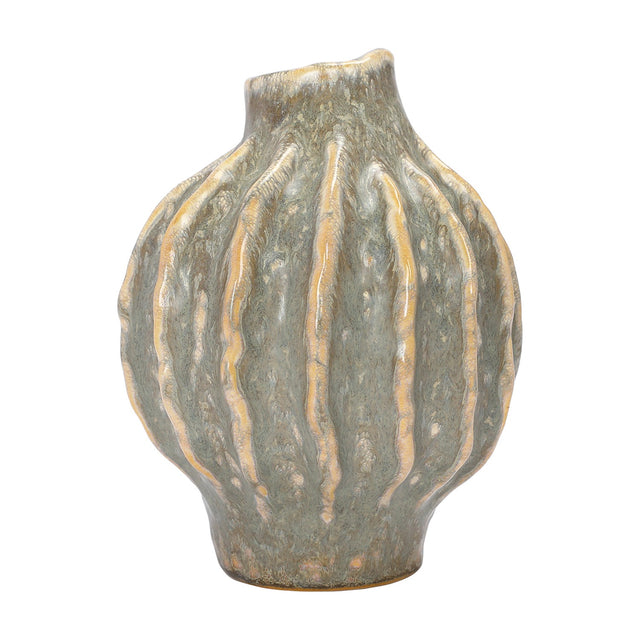 Libra Interiors Textured Reactive Glaze ceramic vase in cream with grey tones, ribbed sculptural body and narrow neck, shown on a plain white background.