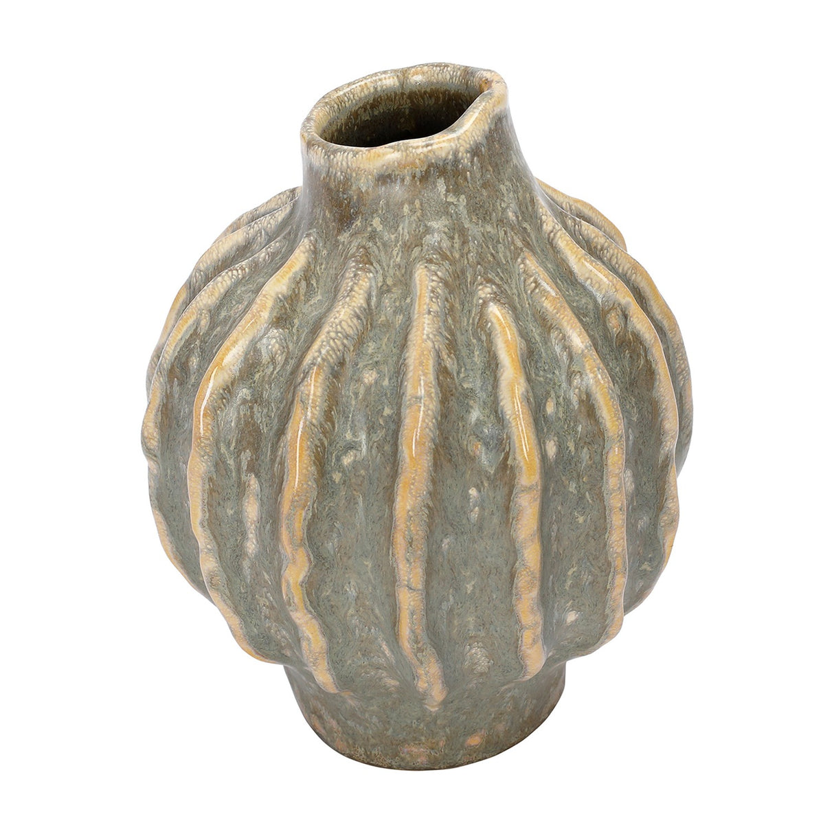 Libra Interiors Textured Reactive Glaze ceramic vase in cream with grey tones, ribbed sculptural body and narrow neck, shown on a plain background.