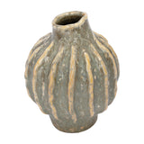 Libra Interiors Textured Reactive Glaze ceramic vase in cream with grey tones, ribbed sculptural body and narrow neck, shown on a plain background.