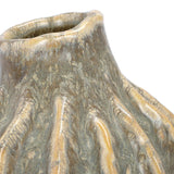 Close-up of Libra Interiors Textured Reactive Glaze Ceramic Vase in cream, showing pleated ridges and layered grey-cream reactive glaze on the stoneware body.