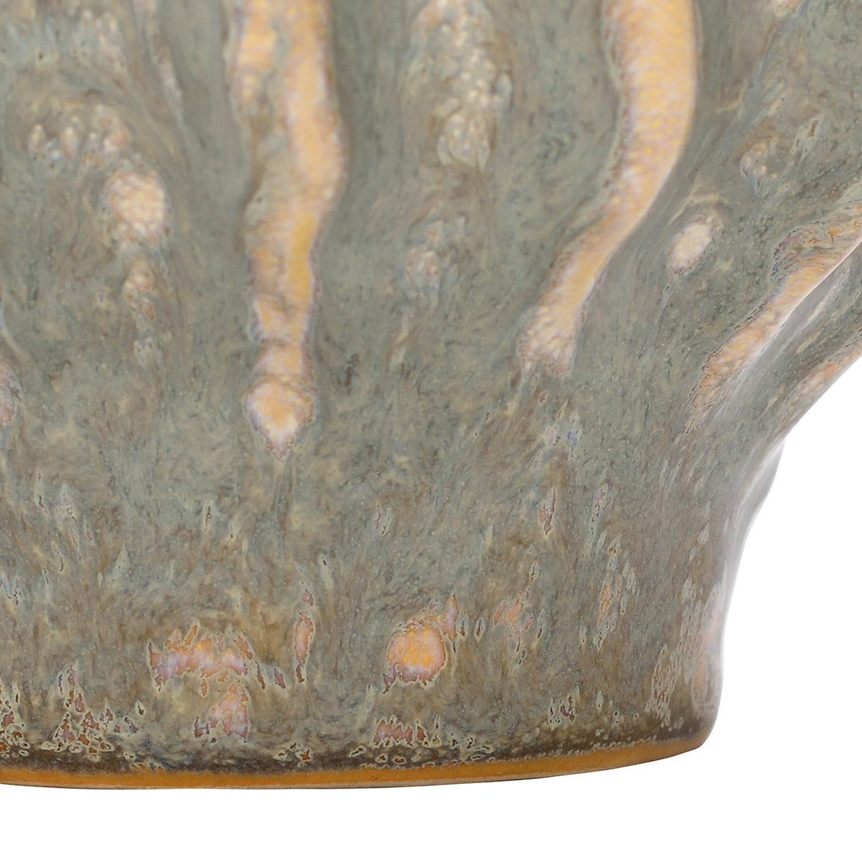 Close-up of the Libra Interiors Textured Reactive Glaze Ceramic Vase in cream, showing ribbed stoneware detail with grey and warm cream drip glaze.