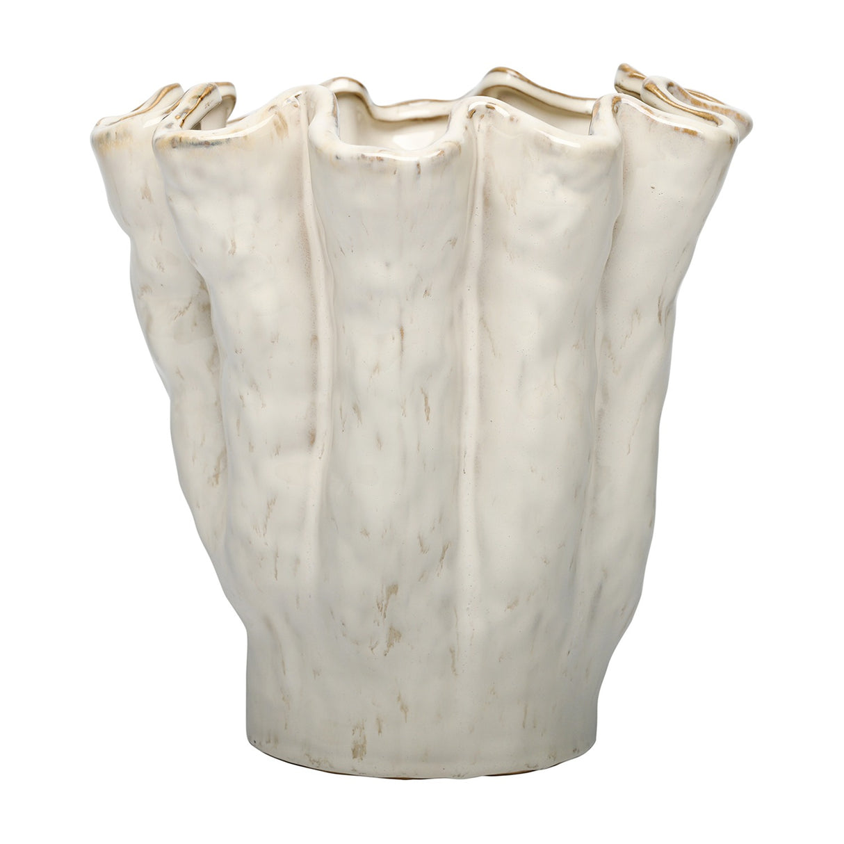 Libra Interiors Ruffled Ceramic Wavy Vase in cream with a sculpted coral-inspired form, vertical ridges and golden-brown speckled rim on a white background.