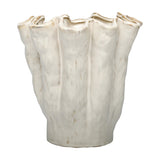 Libra Interiors Ruffled Ceramic Wavy Vase in cream with a sculpted coral-inspired form, vertical ridges and golden-brown speckled rim on a white background.