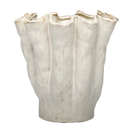 Libra Interiors Ruffled Ceramic Wavy Vase in cream with a sculpted coral-inspired form, vertical ridges and golden-brown speckled rim on a white background.