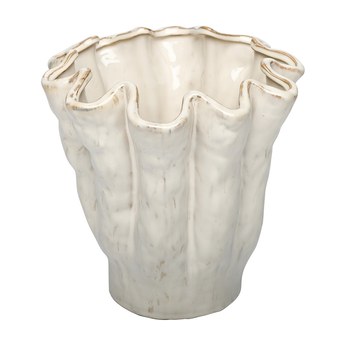 Libra Interiors Ruffled Ceramic Wavy Vase in cream with a sculpted coral-inspired form, vertical ridges and golden-brown speckled rim on a white background.