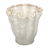 Libra Interiors Ruffled Ceramic Wavy Vase in cream with a sculpted coral-inspired form, vertical ridges and golden-brown speckled rim on a white background.