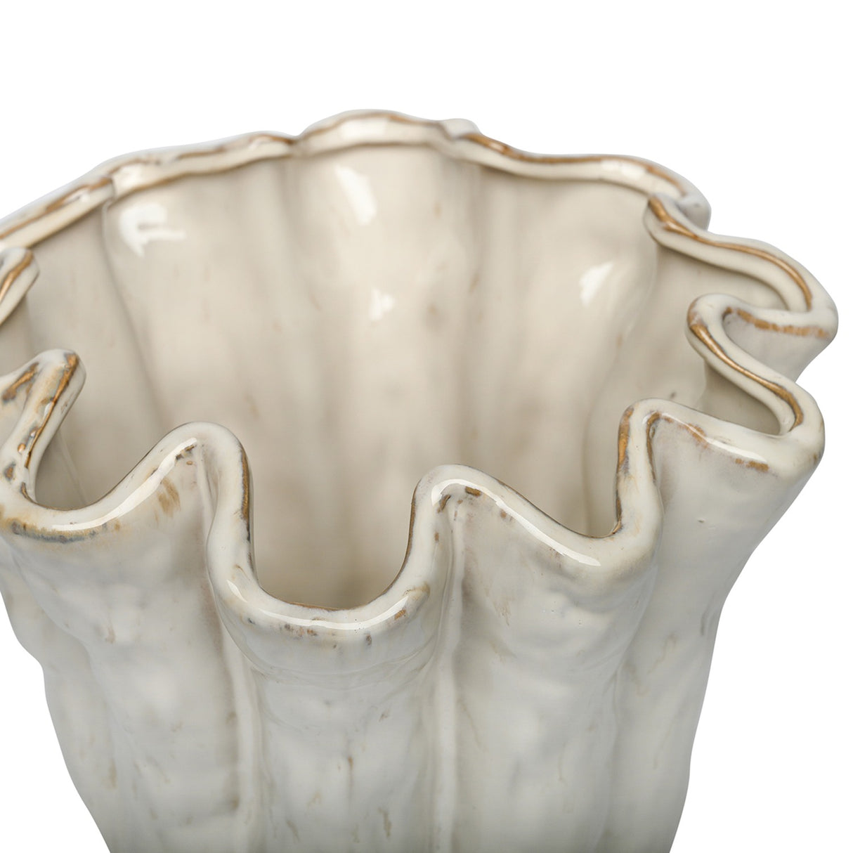 Close-up of the Libra Interiors Ruffled Ceramic Wavy Vase in cream, showing the glossy reactive glaze and golden-brown speckled tones along the wavy rim.