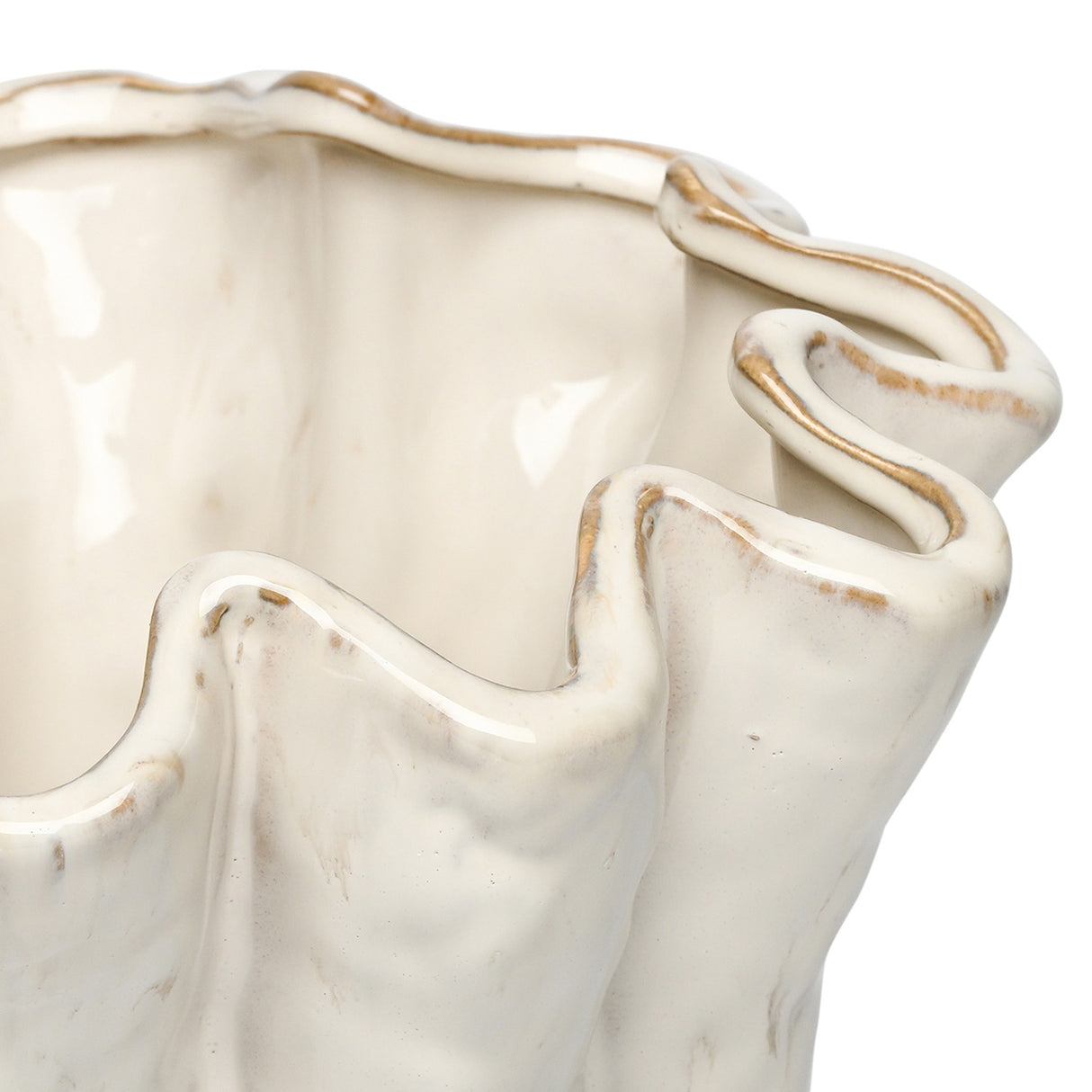 Close-up of Libra Interiors Ruffled Ceramic Wavy Vase in cream, showing the glossy reactive glaze and golden-brown speckling along the rippled rim.