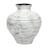 Libra Interiors Textured Glaze Wash ceramic vase in white with a rounded body, flared neck, rippled tactile surface and dark interior, on a plain background.
