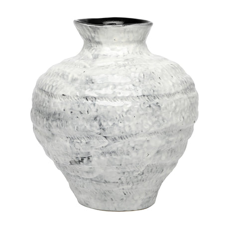 Libra Interiors Textured Glaze Wash ceramic vase in white with a rounded body, flared neck, rippled tactile surface and dark interior, on a plain background.
