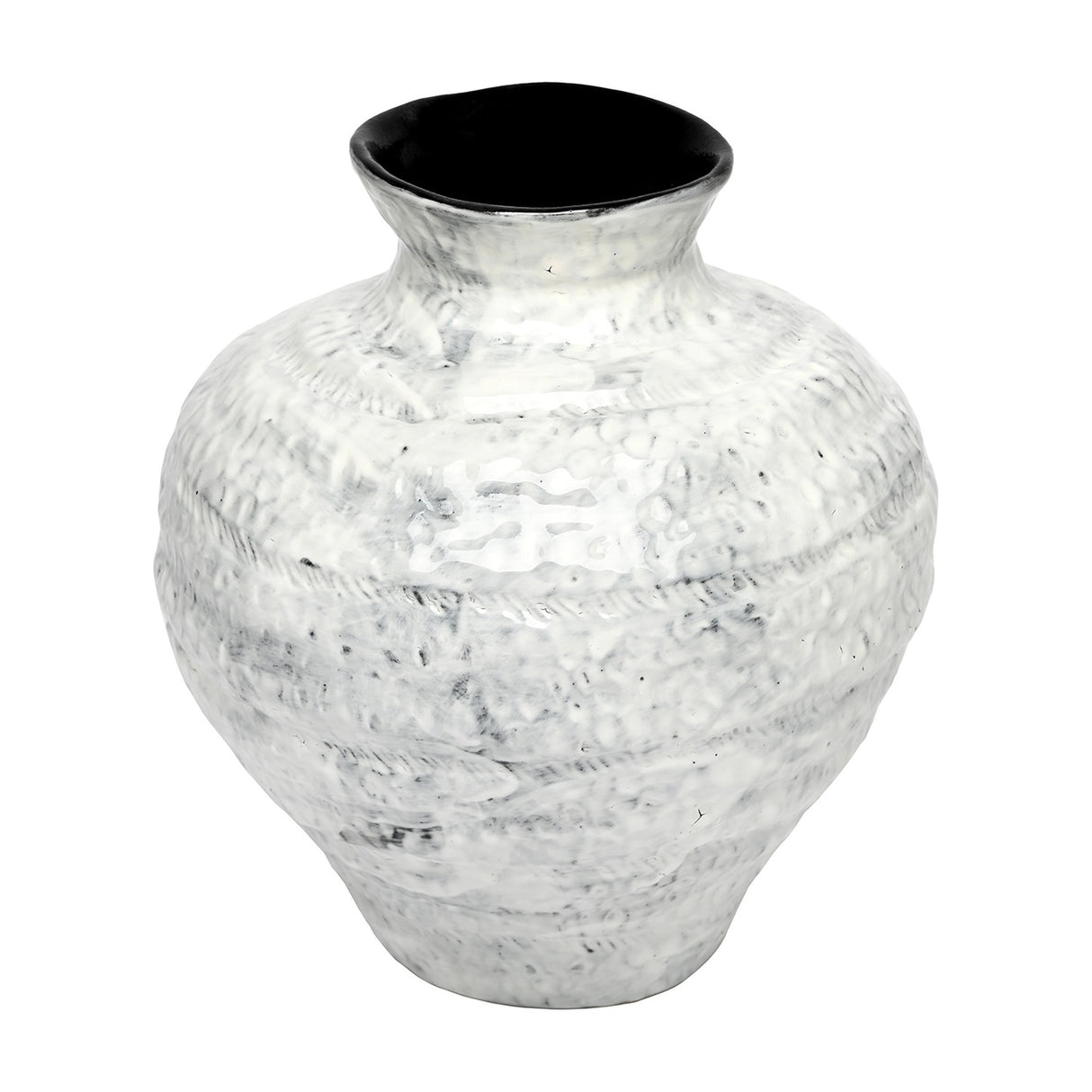 Libra Interiors Textured Glaze Wash ceramic vase in white with a rounded body, flared neck and dark glazed interior, shown on a plain background.