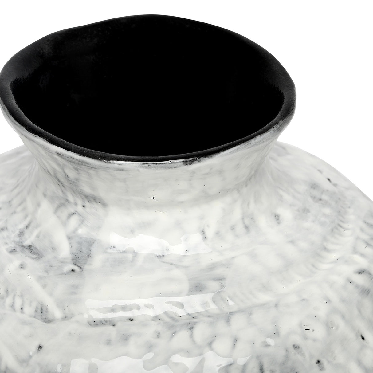 Close-up of the Libra Interiors Textured Glaze Wash ceramic vase showing the flared neck, mottled white exterior and contrasting dark glazed interior.