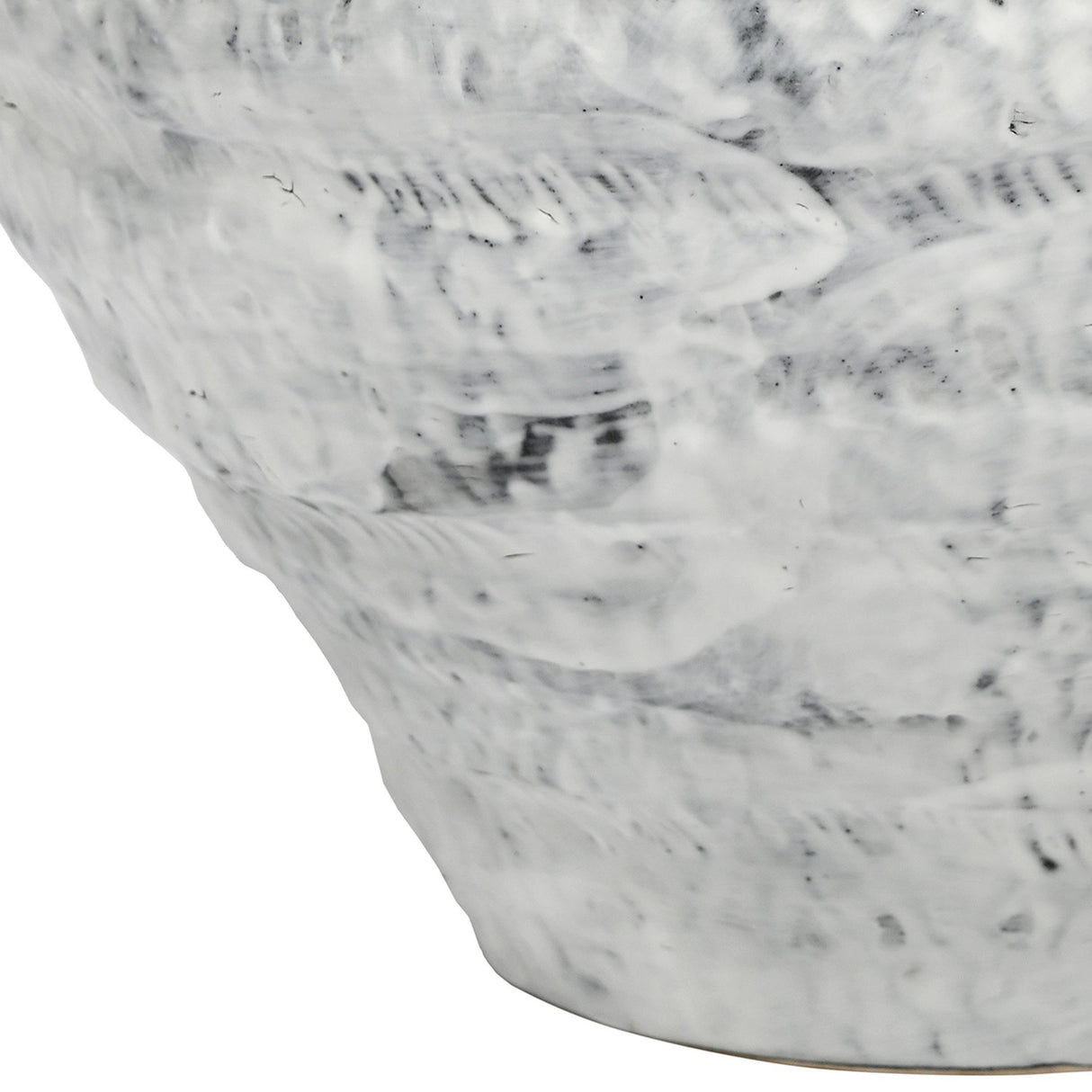 Close-up of Libra Interiors Textured Glaze Wash ceramic vase in white, showing the rippled, mottled surface and flared base against a plain background.