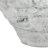 Close-up of Libra Interiors Textured Glaze Wash ceramic vase in white, showing the rippled, mottled surface and flared base against a plain background.