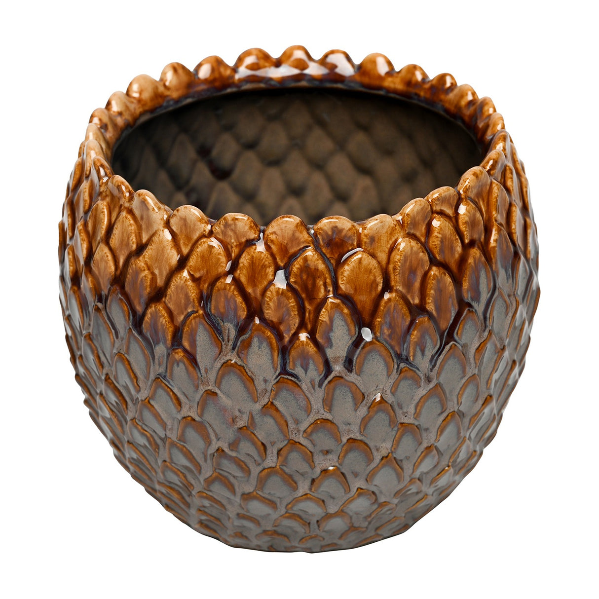 Libra Interiors Scale-Textured Ceramic Planter in brown, a rounded vessel with glossy scale-like relief fading from amber crown to grey base, on white.