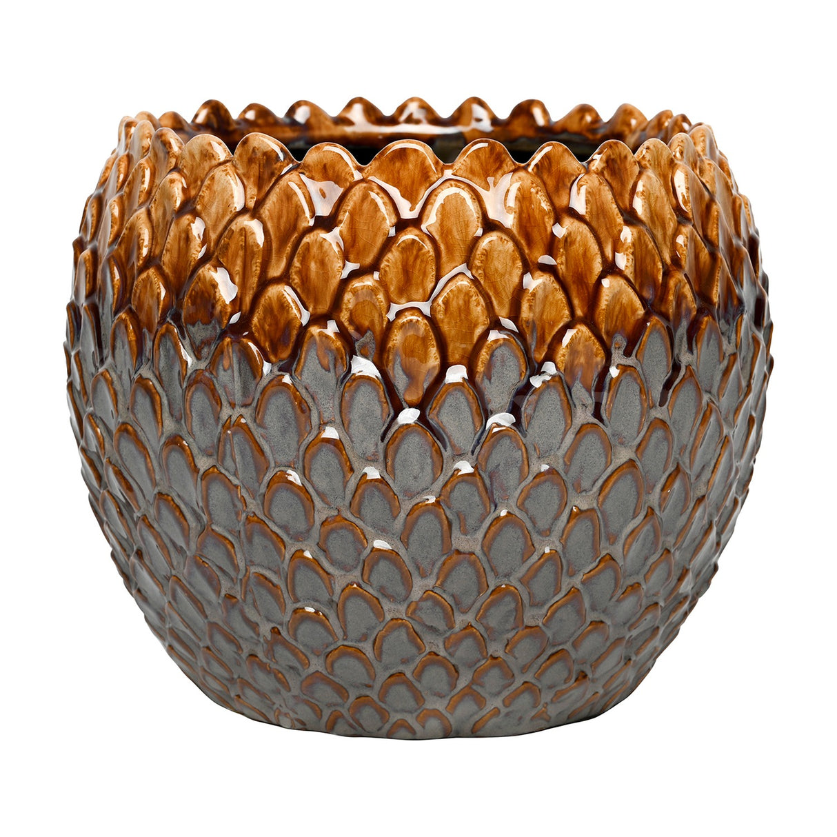 Libra Interiors Scale-Textured Ceramic Planter in brown, a rounded pot with overlapping scale texture and reactive glaze shifting from amber to grey.