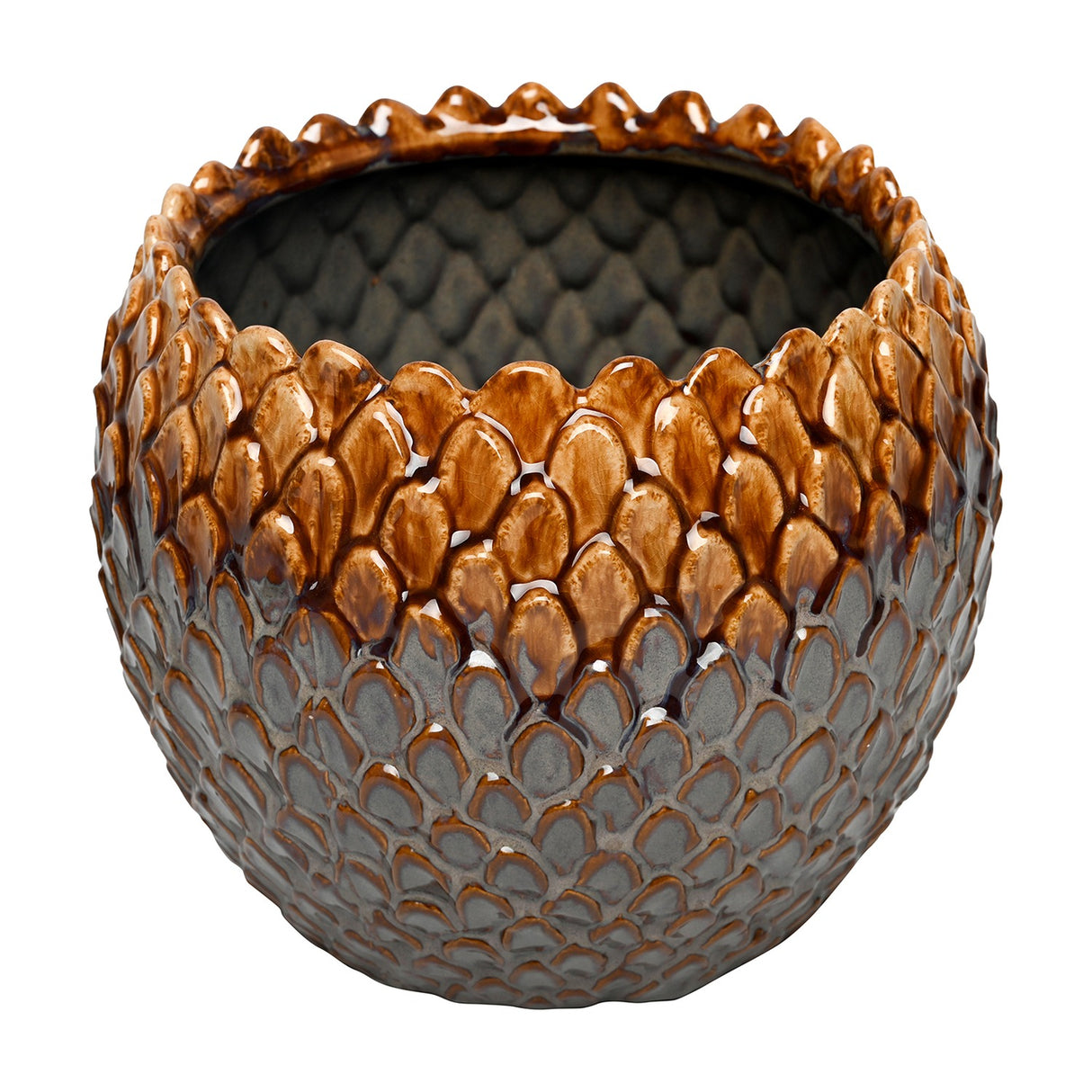Libra Interiors Scale-Textured Ceramic Planter in brown, a rounded pot with overlapping scale texture shifting from amber to charcoal grey, on white.
