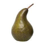 Libra Interiors Speckled Ceramic Pear Sculpture in green and brown with a slim raised stem, shown on a plain white background.