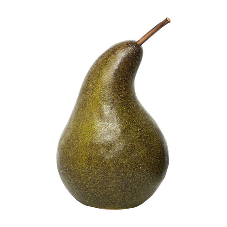 Libra Interiors Speckled Ceramic Pear Sculpture in green and brown with a slim raised stem, shown on a plain white background.