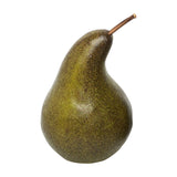 Libra Interiors Speckled Ceramic Pear Sculpture in green with a mottled green and brown glaze and slim brown stem, shown on a plain white background.