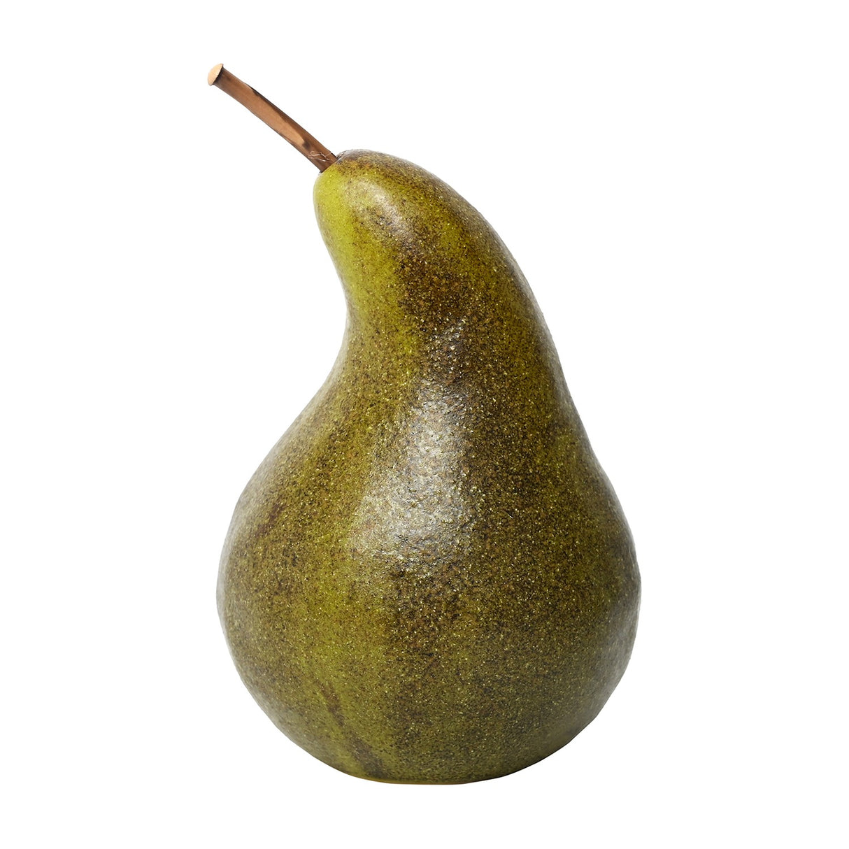 Libra Interiors Speckled Ceramic Pear Sculpture in green and brown with a slim raised stem, shown upright against a plain white background.