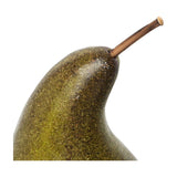 Close-up of the Libra Interiors Speckled Ceramic Pear Sculpture in green, showing the mottled green-brown glazed top and slim raised brown stem.
