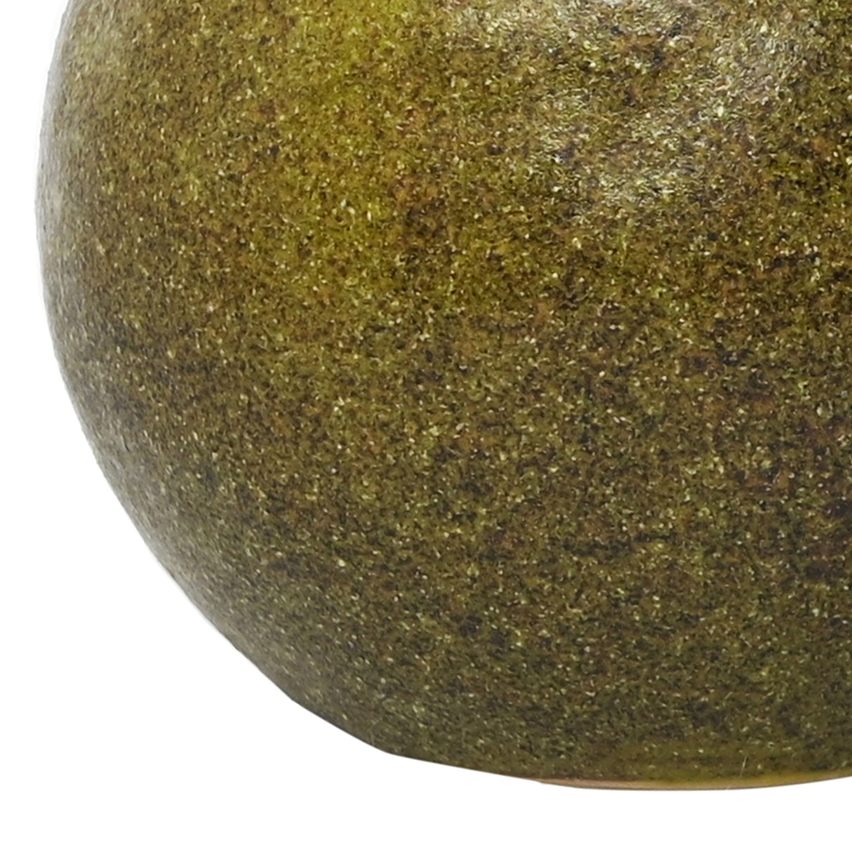 Close-up of Libra Interiors Speckled Ceramic Pear Sculpture in green, showing the mottled green and brown glaze across its rounded body.