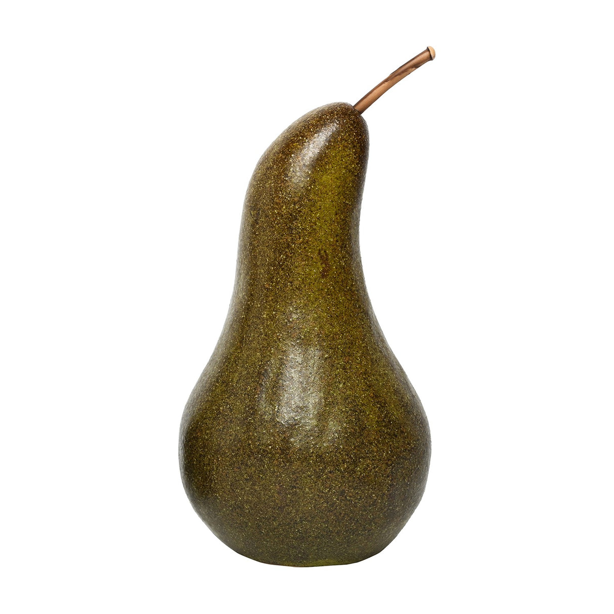 Libra Interiors Speckled Ceramic Pear Sculpture in green and brown with a slim natural stem, shown on a plain white background.