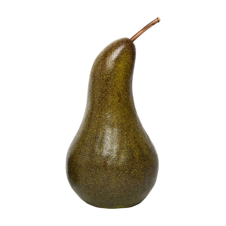 Libra Interiors Speckled Ceramic Pear Sculpture in green and brown with a slim natural stem, shown on a plain white background.