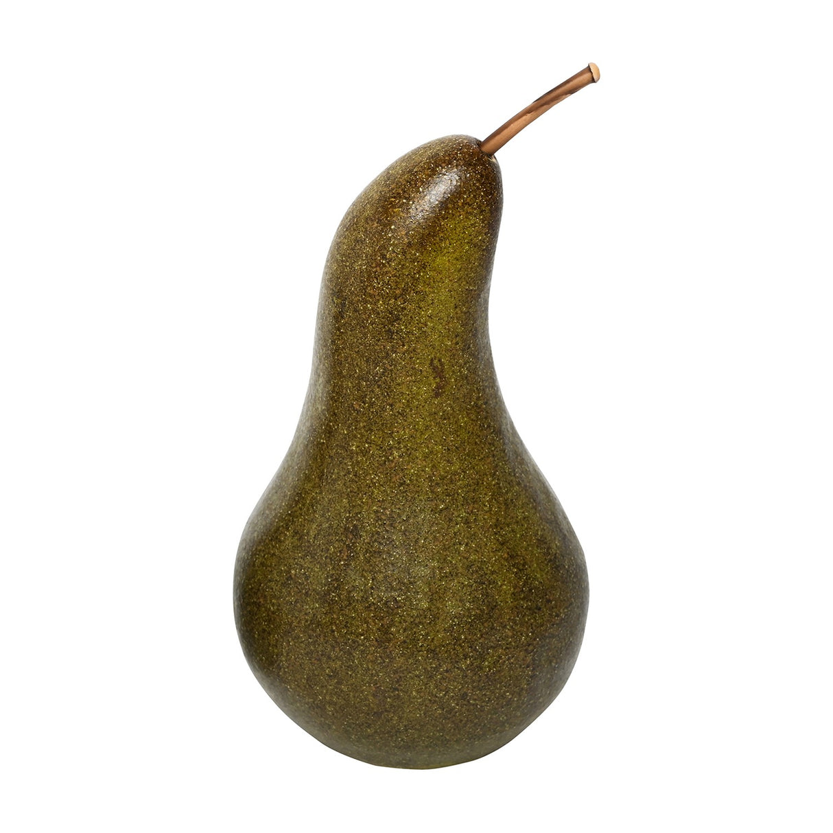 Libra Interiors Speckled Ceramic Pear Sculpture in green and brown with a slim hand-finished stem, shown on a plain white background.