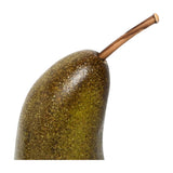 Close-up of the Libra Interiors Speckled Ceramic Pear Sculpture in green, showing the slim stem and speckled green-brown glazed upper body.