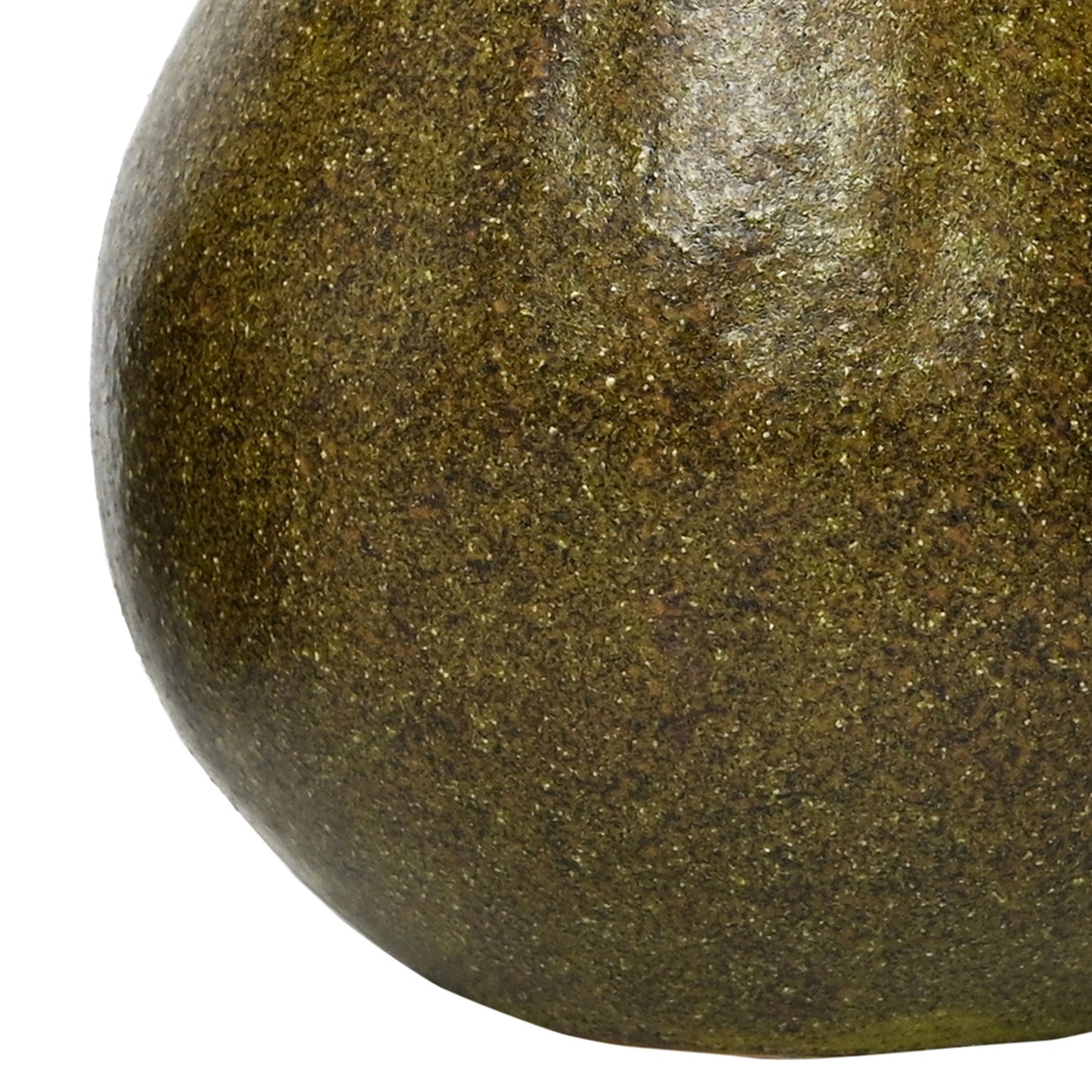Close-up of the Libra Interiors Speckled Ceramic Pear Sculpture in green, showing the rounded body with a life-like speckled green and brown glaze.