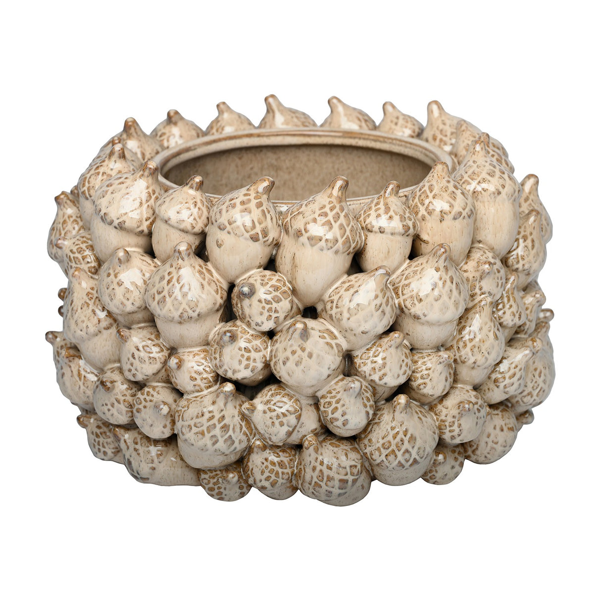 Libra Interiors Textured Acorn ceramic planter in cream reactive glaze, with sculpted acorn clusters wrapping the rounded body, on a white background.
