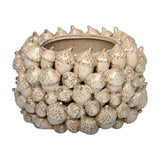 Libra Interiors Textured Acorn ceramic planter in cream reactive glaze, with sculpted acorn clusters wrapping the rounded body, on a white background.