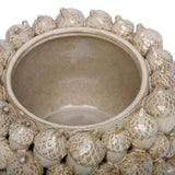 Close-up of the Libra Interiors Textured Acorn Ceramic Planter in cream, showing the rounded opening framed by sculpted acorns with cross-hatched caps.