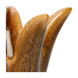 Libra Interiors Petal Reactive Glaze ceramic candle holder in brown with speckled amber tones and glossy ridged petal tips on a white background.