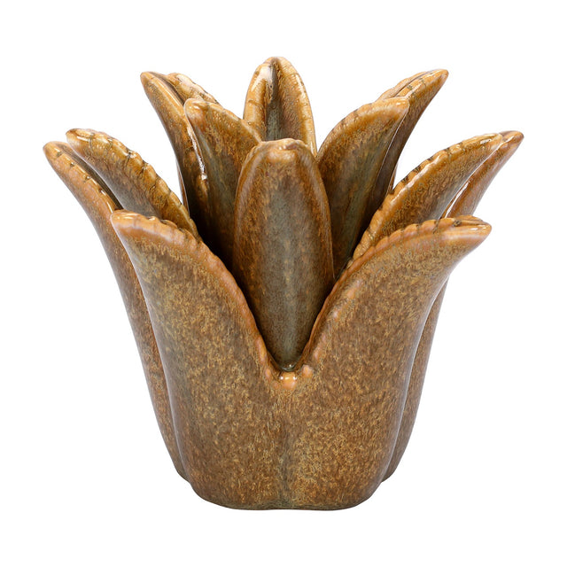 Libra Interiors Petal Reactive Glaze ceramic candle holder in mottled brown, formed as an open flower with upright petals around a central candle well.